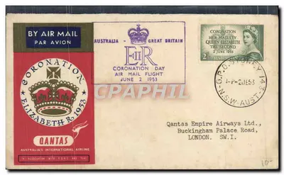 Dia da Coroação — Carta Aérea Postal da Rainha Elizabeth II — Qantas