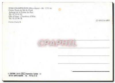 Champoléon — Escola de Esqui de Fundo e Pousada da Fazenda do Parc — Edições S.M.D. Impressões Cambier — Verso