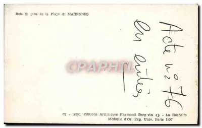 Las sosnowy nad plażą Marennes — Wydawnictwo Artystyczne Raymond Bergvin — n° CI-16791 — Rewers
