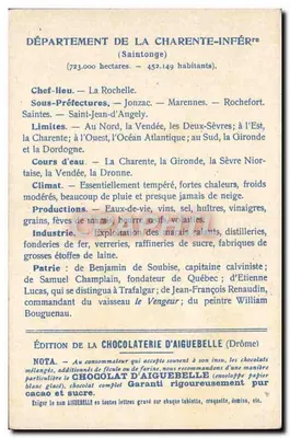 Charente-Inférieure — mapa geográfico e estatístico — Edição da Chocolaterie d'Aiguebelle — Verso