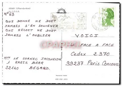 Bilhete postal moderno Begard Le CEGN — Verso