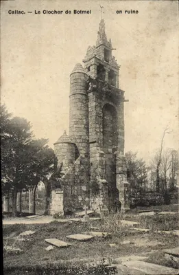 Bilhete postal antigo Callac A Torre da Igreja de Botmel em Ruínas