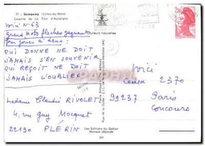 Kwatera La Tour d'Auvergne — Guingamp — wydawca Pierre Artaud — Rewers