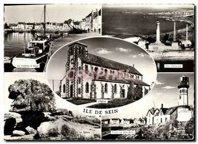 Ilha de Sein — Vista geral, igreja, farol de Men-Brial, cais e esfinge — Edições Gaby