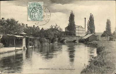 Bilhete postal antigo Serquigny sobre La Charentonne