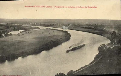 Bilhete postal antigo Environs De Gaillon Perspectiva Sobre A Seine E O Ponte De Courcelles Barco