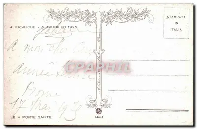 Pio XI — Ano Santo 1925 — As quatro Basílicas — Editor A. Diretto, Roma — Verso