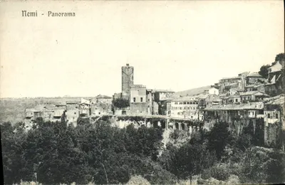 Nemi - Panorama — vista panorâmica do vilarejo com torre e casas inclinadas — Ed. G. Caracuzzo, N. 7346