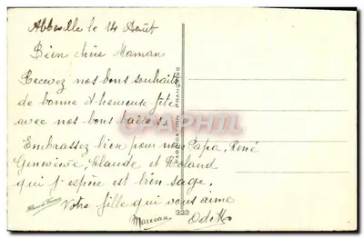 Bouquet de roses et de mimosa — éditeur 'FABRICATION FRANÇAISE' et n° 323 — Rewers
