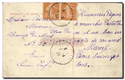 Tarjeta postal antigua Fantasía Niño Pollo Pascua — Reverso