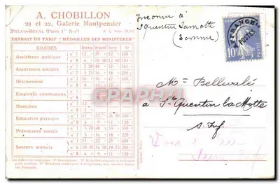 Médailles et décorations — collection de médailles françaises avec leurs rubans et descriptions — éditeur A. CHOBILLON, Palais-Royal (Paris 1er Arrondissement) — Verso
