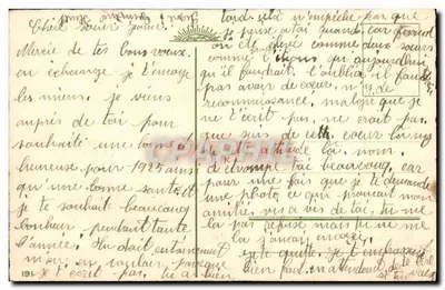 Zimowy krajobraz — zasnieżona domowa — dekor z hortensji i róż — wydawca nieznany — Rewers
