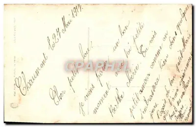Soldat und Frau — Liebesszene — Drucktext: 'Zwischen zwei Küssen in der Seele kann man lesen...' — Chaumont, 24. Mai 1914 — Rückseite