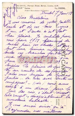 Paisagem invernal com moinho de vento — 'Boas e Feliz Ano' — Later Art Co., Florence House, Barnes, London, S.W. No. 2282 — Verso