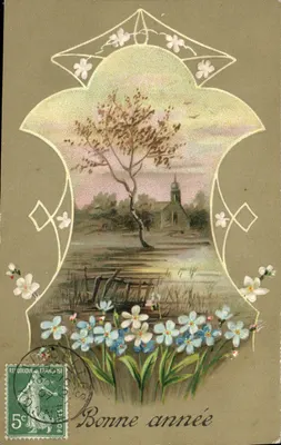 Paysage wiejski z kościołem — Wesołych Świąt — Wydawca nieczytelny, numer seryjny nieczytelny