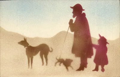 Silhueta de um homem, de uma criança e de cães em um paisagem — editor GraphiM, número de série não visível