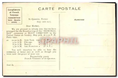 Cemitério Americano de Bony — Aisne — editor desconhecido, número de série não visível — Verso
