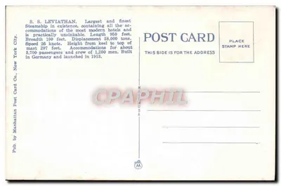 S.S. LEVIATHAN EN SKYLINE, NEW YORK — Pub. door Manhattan Post Card Co. — Achterkant