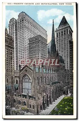Igreja da Trindade e arranha-céus, Nova Iorque — série 613 — editor Manhattan Post Card Co.