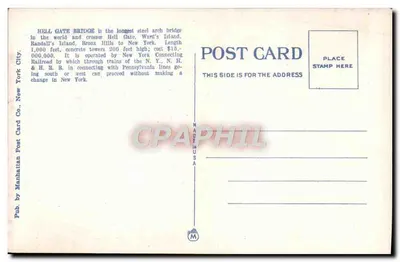 Hell Gate Bridge, New York — illustratie met boten en vliegtuigen — Manhattan Post Card Co. n°560 — Achterkant