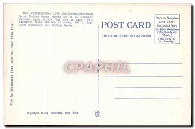 Budynek Metropolitan Life Insurance — Nowy Jork — Wyd. przez Manhattan Post Card Co. — Rewers