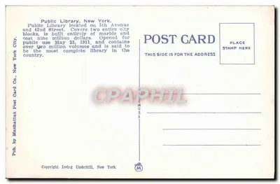 Biblioteca pubblica di New York — New York City — editore Manhattan Post Card Co., n° 536 — Verso
