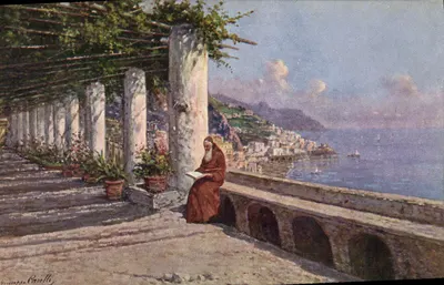 Amalfi — vista panorâmica com religiosa em robe marrom — pintura de G. Carelli, série 2414