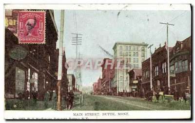 Main Street, Butte, Mont. — vista de rua animada com edifícios e carruagem — W. G. MacFarlane, Publisher, Buffalo N.Y., n° 10665