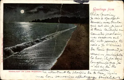 Lune sur le lac Michigan — vue nocturne avec jetée — éditeur L. C. KROPP, MILWAUKEE, n° 674