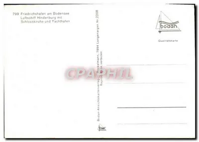 Friedrichshafen am Bodensee — Zeppelin Hindenburg au-dessus du port de voiliers — éditeur Bodan, n° 2208 — Verso
