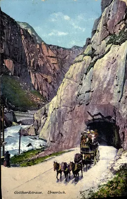 Gotthardstrasse. Urnerloch. — Widok tunelu i strumienia — E. Goetz, Fot. Luxern, n° 4739