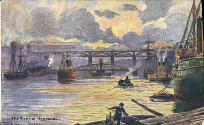 O Tyne em Newcastle — vista do porto com ponte e navios — editor Dainty, série 77