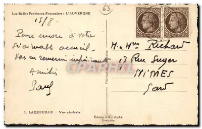 Laqueuille — Widok ogólny — Wydawnictwo Art André, Grenoble — Rewers
