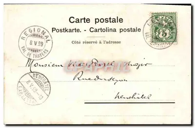 Motiers — vista del pueblo con editor Delachaux & Niestlé e ilustración publicitaria — O. Huguenin — Reverso