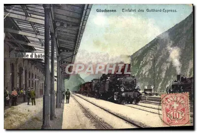 Bilhete postal antigo Goschenen Entrada do Expresso Gotthard