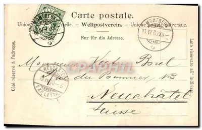 Baia di Chillon — vista aerea del lago con castello e montagne in primo piano — editore L. 599 — Verso