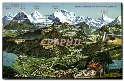 Berner Oberland z Harderkulm (1325 m) — widok panoramiczny Alp szwajcarskich — Photoglob-Wehrli A.G., Zürich, nr 3637