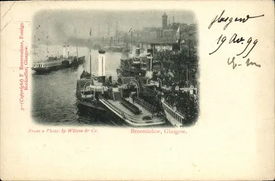 Broomielaw, Glasgow — quai fluvial avec vapeurs et foule — éditeur F. Bauermeister, Foreign Bookseller, Glasgow, n°3