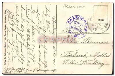 Homburg, Pfalz — panoramowy widok wsi — Verlag C. Schramm Nachf. — Rewers