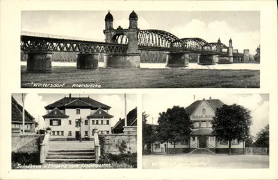 Wintersdorf — Rhénanbrücke, Schulhaus, Eingang zum Kindergarten, Wirtschaft zum Bahnhof — Kunstverlag Kurt Allen, Wintersdorf