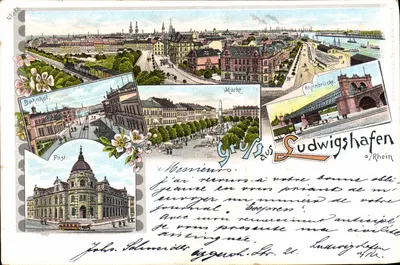 Vista panorâmica de Ludwigshafen-sur-le-Rhin — Estação, Mercado, Ponte sobre o Rio Reno, Correios — editor desconhecido, n° 865