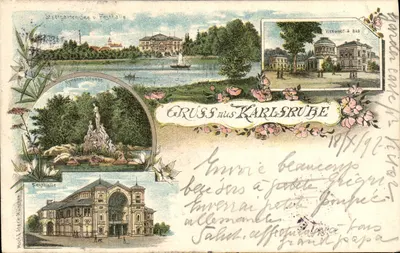 Stadtgarten-See u. Festhalle — Vierordt’s Bad — GRUSS AUS KARLSRUHE — éditeur: Moor & Stern München