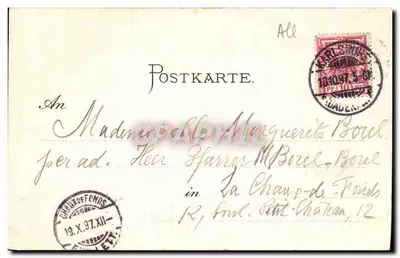 Stadtgarten-See u. Festhalle — Vierordt’s Bad — GRUSS AUS KARLSRUHE — éditeur: Moor & Stern München — Verso