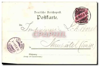 Schloss Karlsruhe — vista del castillo y del jardín — editor Knobelsdorff & Lauf, n° 1903 — Reverso
