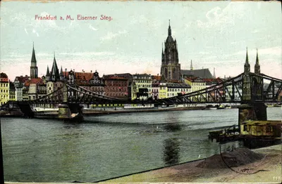 Frankfurt a. M., Eiserner Steg — vue du pont métallique et de la cathédrale — éditeur F. & K. R.