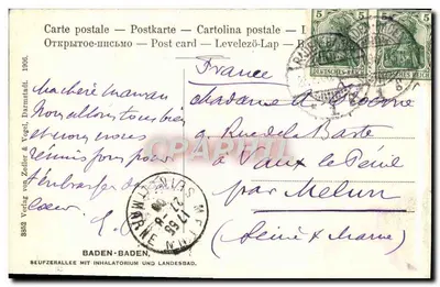 Baden-Baden — Vista do Seufzerallee mit Inhalatorium und Landesbad — editor Zeidler & Vogel, n° 3352 — Verso