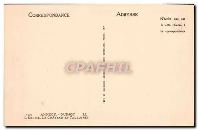 Annecy - O Castelo e Talloires — Editor: Neudrins Décurés, Paris — Verso
