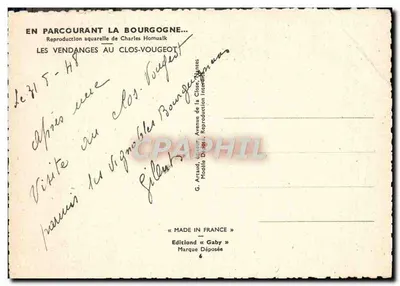Les vendanges au Clos-Vougeot — reproduction aquarelle de Charles Homualk — éditeur G. Artaud, modèle « Gaby » — Verso