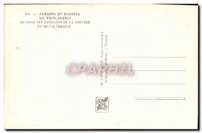 Exposición Internacional París 1937 — Jardines y estanques del Trocadéro — H. CHP, Editor, n° 128 — Reverso