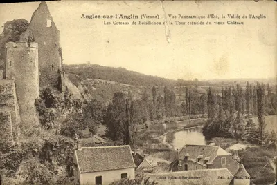 Bilhete postal antigo Angles-sur-l'Anglin Vista Panorâmica de Verão da vales do Anglin Os morros de Boisdichon